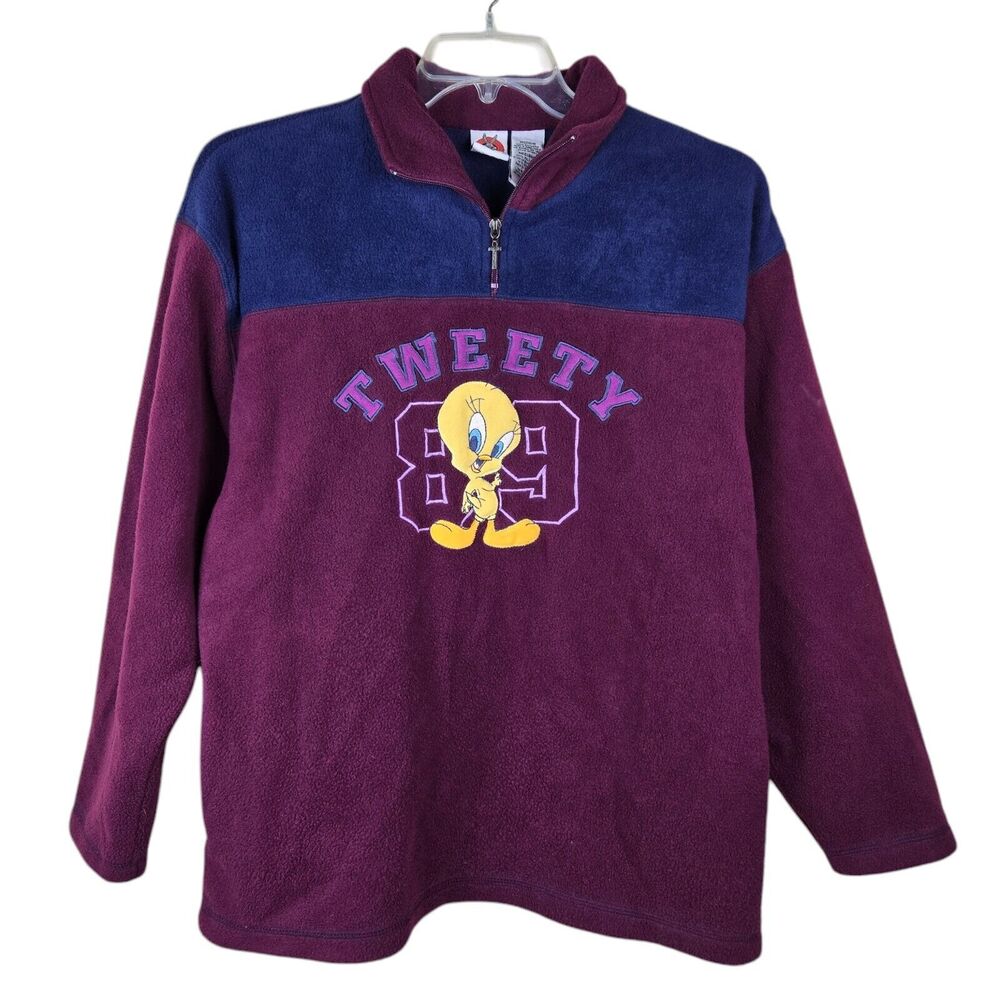Looney Tunes Tweety 89 Burgundy Blue Pullover Fleece 1/4 Zip Jacket Sz M